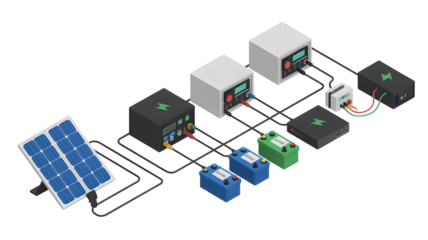 Diagram illustrating a solar power system with a solar panel, charge controller, batteries, and inverters, showing energy flow and connections isolated on white transparent background