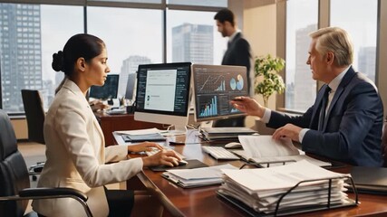 Business professionals analyzing financial data on computer screens in a modern office - Powered by Adobe