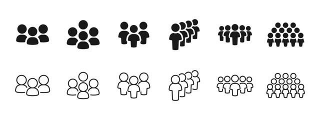People and crowd icon set with groups, teams and community symbols. Clean vector icons for business, social networks, user interfaces, HR, audience analysis and corporate projects.
