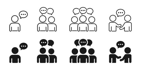 Communication icon set showing people talking, group discussion and collaboration. Vector icons for business communication, teamwork, meetings, negotiation, social interaction and user interfaces.