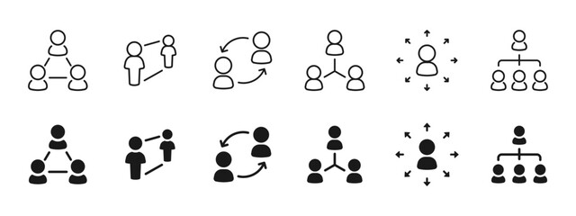 Team collaboration and social network icon set. Clean vector icons for business management, teamwork, organization charts, communication, corporate UI and workflow design.
