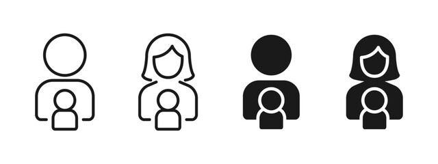 Parent and child icon set representing family, parenting and childcare. Clean vector symbol for mother and father profiles, protection, care, support and family relationship concepts.
