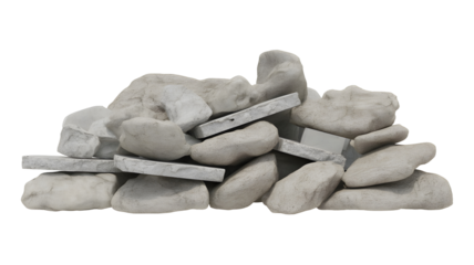 Pile of rough light gray natural stones and flat slate pieces stacked unevenly on a white background, showing texture and raw material 
