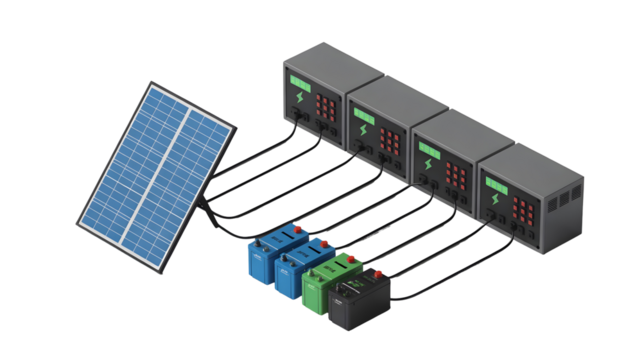 Diagram illustrating a solar power system with a photovoltaic panel connected to multiple battery units and inverters arranged in a row isolated on white transparent background - Powered by Adobe