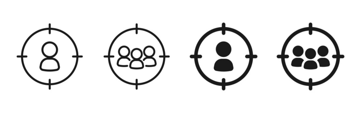 Audience targeting icon set showing individual and group focus symbols inside target circles. Concept of marketing, customer segmentation, analytics, and business strategy. Clean minimal vector style.