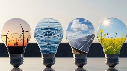 Four lightbulbs displaying varied renewable energy sources & concepts