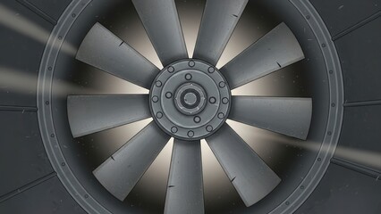 Close-up view of a large industrial fan with multiple blades.