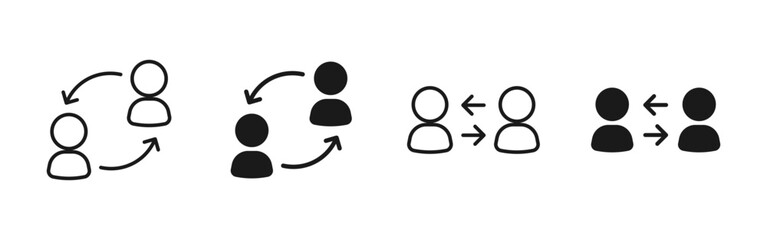User exchange and interaction icon showing people transfer, communication and role switching. Vector symbol for teamwork, collaboration, workflow and business process concepts.