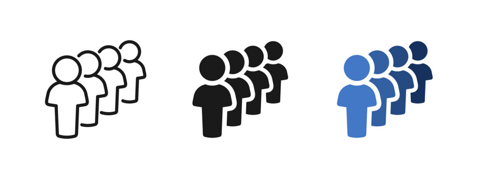 Queue and line of people icon set showing waiting crowd in order. Vector symbols for queue management, customer service, public waiting line, population flow and organization concepts.