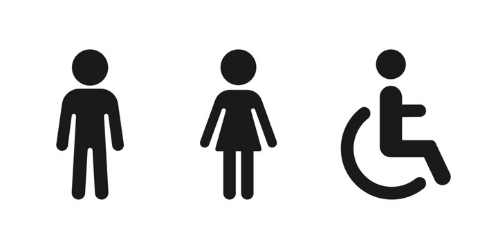 WC restroom sign icon set with male, female and wheelchair symbols. Vector toilet signage for public bathrooms, accessibility, facilities navigation and wayfinding systems.