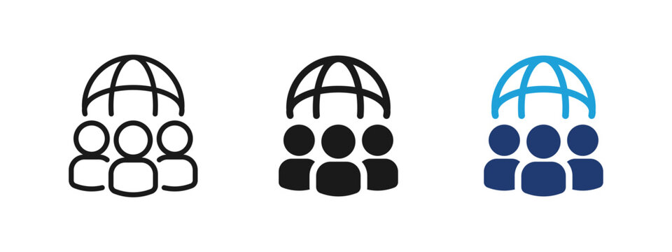 Global audience and community icon. People group under globe symbol representing worldwide network, international users, global communication and online community.