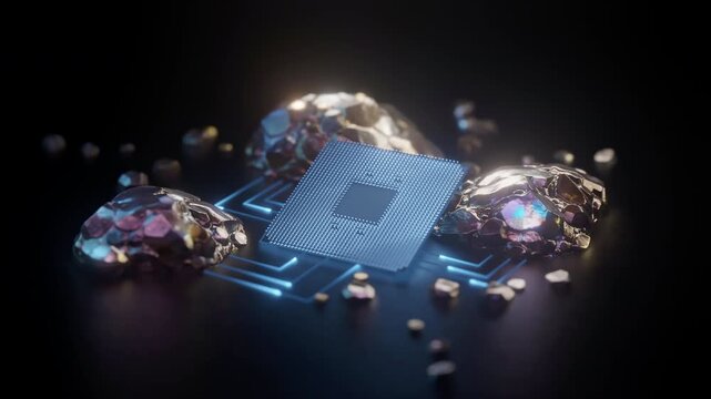 3D render: CPU microchip surrounded by glowing rare earth minerals, dark background. Symbolizes advanced technology production, raw materials, supply chain, innovation, electronics. Concept for