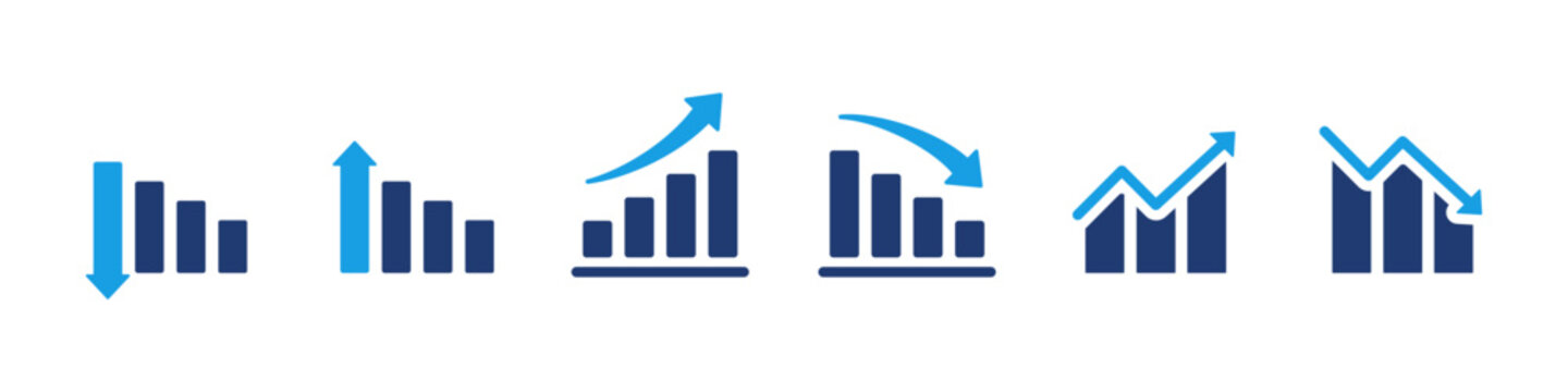 Business chart and graph icon set in blue corporate style. Analytics, data statistics, growth and decline symbols for finance reports, dashboards, presentations, KPI tracking and modern UI design.