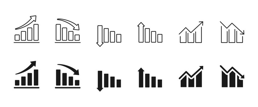 Business chart and graph icon set in outline and solid style. Analytics, statistics, growth and decline symbols for finance reports, data analysis, dashboards, presentations and corporate UI design.