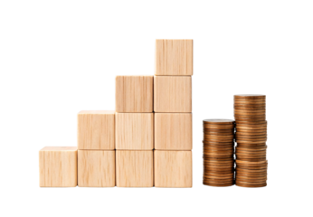 Wooden block steps with bronze coin stacks financial growth, isolated on a transparent background