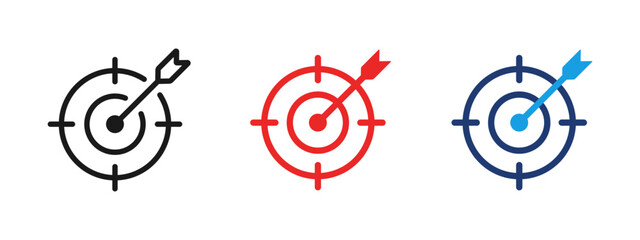 Target icon with arrow hitting the center. Goal and objective symbol for success, accuracy, focus, strategy, business planning and performance results.