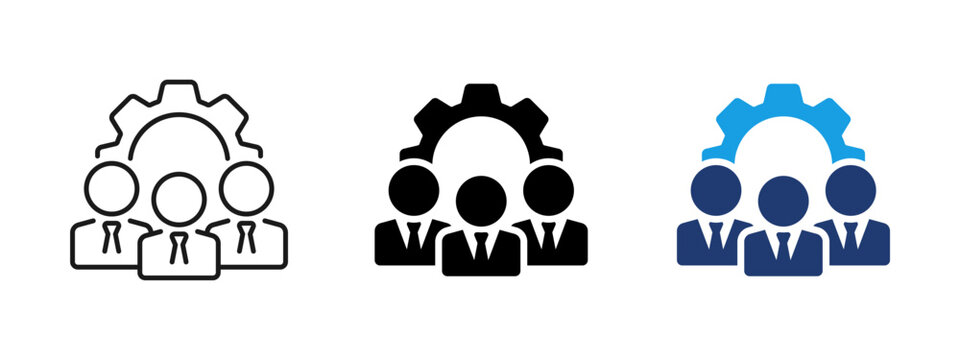 Team icon with gear symbol. Business people and management workflow pictogram representing organization, process control, collaboration and corporate operations.