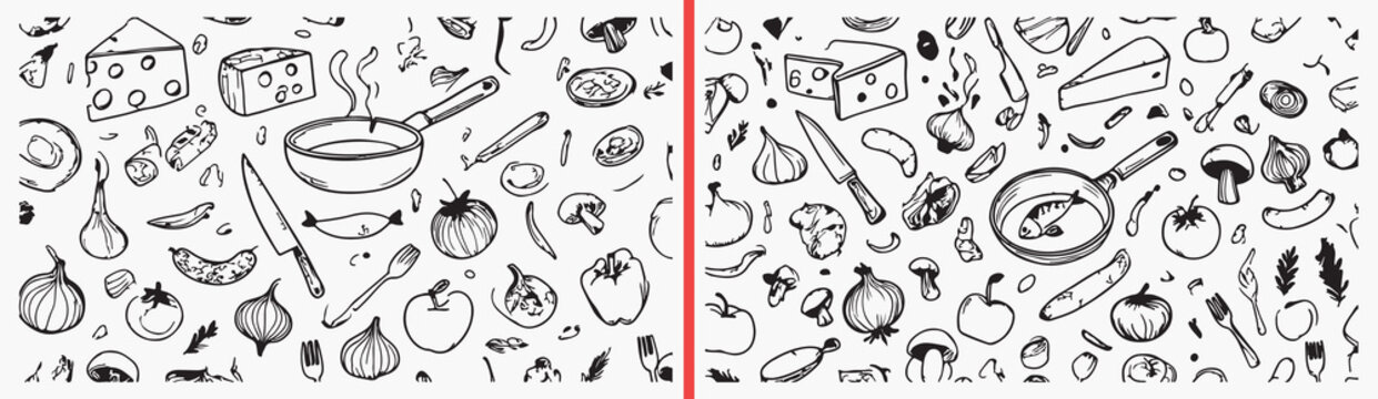 food doodle clipart, fruit vegetable illustration, hand drawn food icons, kitchen ingredient sketches, healthy food drawings, black white food clipart, printable food doodles, cooking illustration pac
