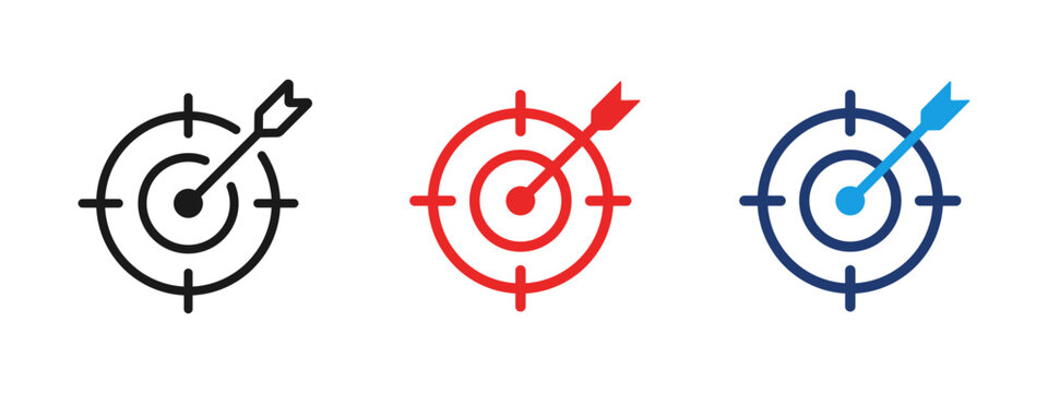 Target icon with arrow hitting the center. Goal and objective symbol for success, accuracy, focus, strategy, business planning and performance results.