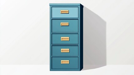 Fototapeta premium Modern blue cabinet with drawers and gold handles against a white wall