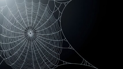 Intricate spiderweb glistening with dew drops against a dark background.