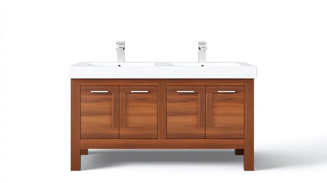 Modern bathroom vanity cabinet with double sinks and chrome fixtures - Powered by Adobe