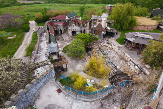 Aerial view of a decaying castle-like structure with crumbling walls and overgrown vegetation, a scene of forgotten grandeur and silent stories, Varna, Bulgaria.