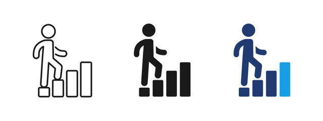 Career growth icon showing person stepping up on increasing bars. Business symbol of promotion, success, professional development, progress, achievement and employee advancement.