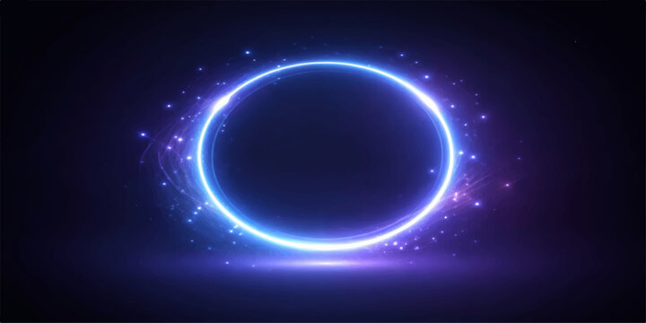 Glowing blue neon circle on dark background with purple sparkles
