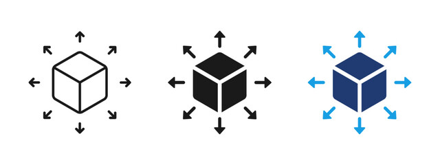 Product distribution icon for logistics and supply flow. Cube with arrows for delivery, shipping, warehouse management, fulfillment and scalable product distribution for business and ecommerce use.