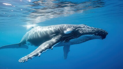Obraz premium Humpback whale swims underwater; sunlight filters from above to ocean floor