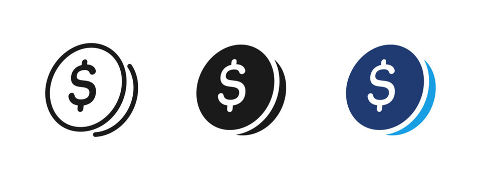 Dollar coin icon representing money, finance and currency. Flat financial symbol for income, profit, payments, banking, investment, savings and business cash flow in modern user interface design.