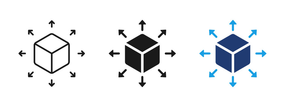Product distribution icon for logistics and supply flow. Cube with arrows for delivery, shipping, warehouse management, fulfillment and scalable product distribution for business and ecommerce use.