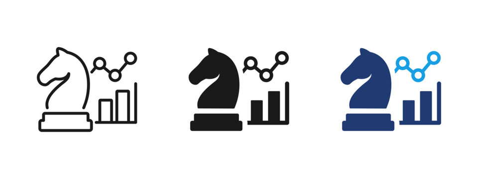 Business strategy icon showing chess knight with growth chart. Symbol of planning, analytics, decision making, leadership and corporate strategy for management, consulting and financial presentations.