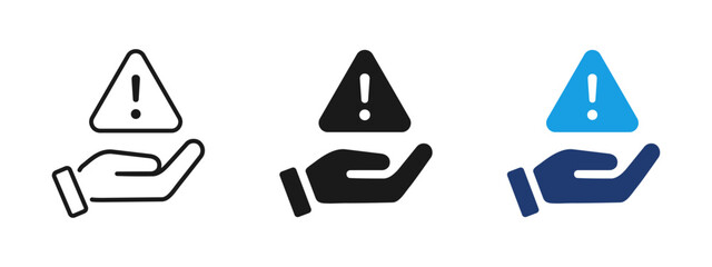 Warning icon with hand holding caution triangle and exclamation mark. Risk and safety concept for alert systems, hazard prevention, security notices, insurance, responsibility and user attention.