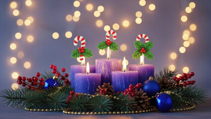 Festive advent wreath with purple candles and candy canes