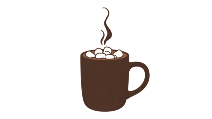 Cozy brown mug filled with steaming hot chocolate topped with fluffy white marshmallows and wisps of steam rising isolated on white transparent background