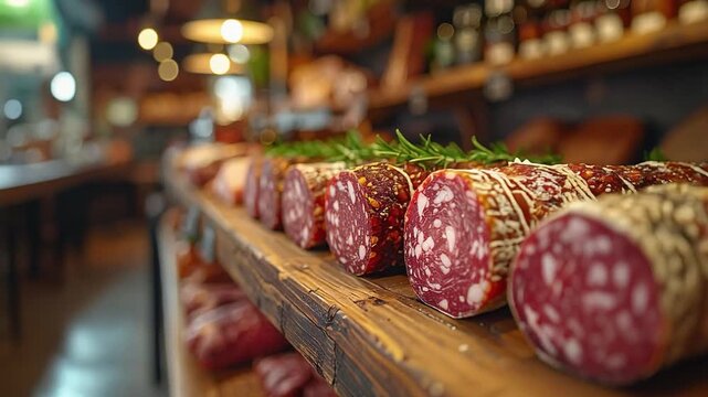 A close-up of assorted cured sausages displayed on a wooden counter in a delicatessen, creating a rich and authentic gourmet food atmosphere.