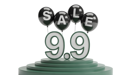 Black balloons spelling sale float above large 99 numbers on a green tiered display pedestal, representing a shopping discount event isolated on white transparent background
