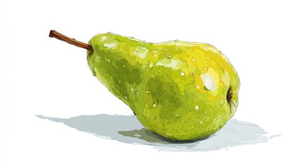 Fresh green pear isolated on white background with shadow and stem