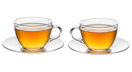 Two glass cups of tea on saucers isolated on transparent background