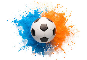 Fototapeta premium Soccer ball with blue orange watercolor paint splash, isolated on a transparent background