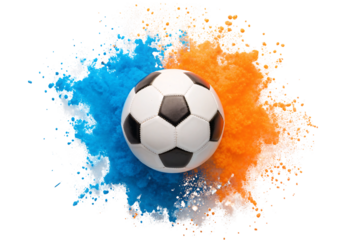 Soccer ball with blue orange watercolor paint splash, isolated on a transparent background