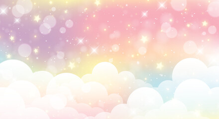 Cute candy, magical mermaid, kawaii or unicorn background with gradient rainbow, holographic sky cloud, bokeh light and glitter star. Birthday party invitation banner. Fairy tale backdrop or wallpaper © Impixdesign