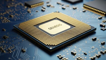 Close-up of a computer processor on a circuit board, symbolizing advanced technology and computing power.