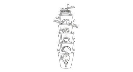 Stack of diverse food and drink illustrations in line art style.