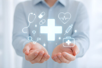 Hands displaying digital healthcare icons