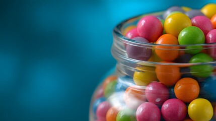 Colorful Candy Jar - A Vibrant Collection of Sweet Treats on a Blue Background.