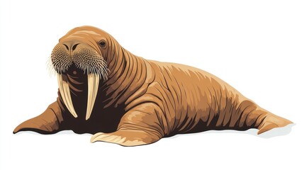 Illustrated walrus lying down against a white background with tusks