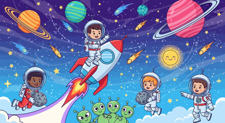 Fototapeta premium Happy children astronauts explore the cartoon universe with friendly aliens and rockets.